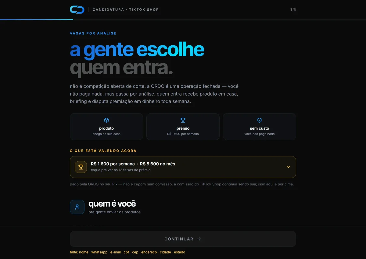 a tela de convite por onde o creator entra na campanha